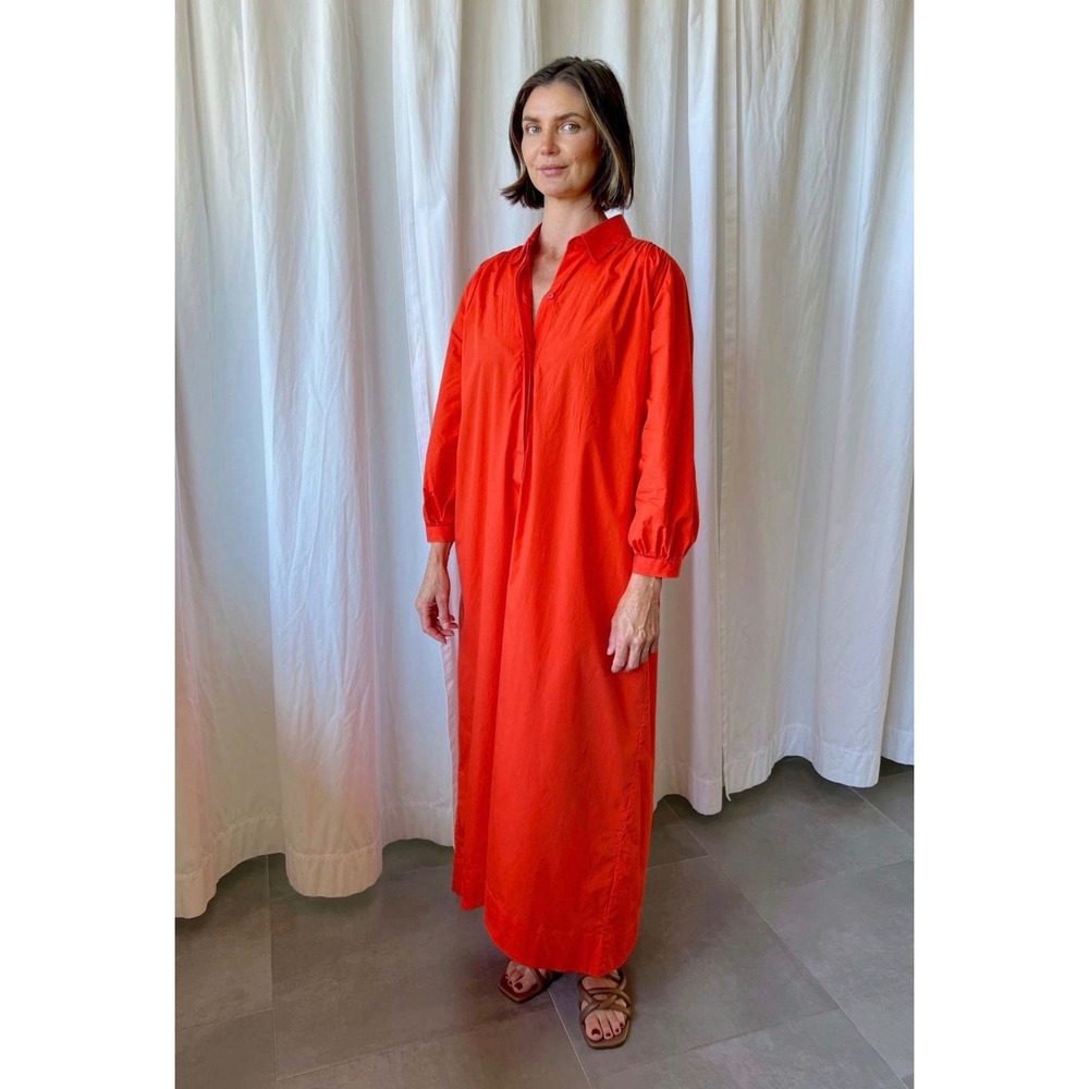 D1 Closed Organic‎ Cotton Gathers Long Poplin Midi Shirt Dress Orange C98368